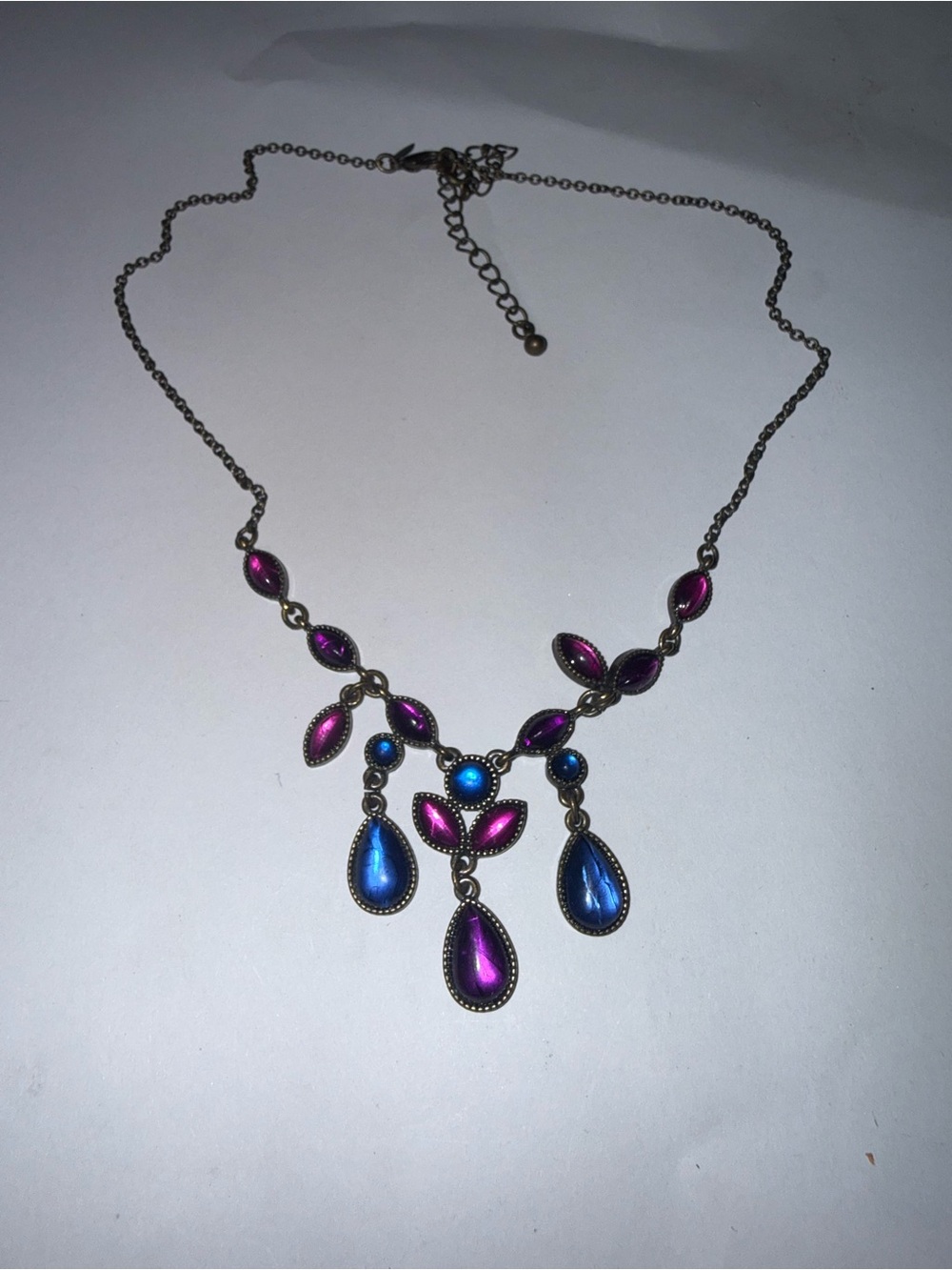 VINTAGE Avon SAO Rhinestone Chandelier Necklace Blue Purple Pink. Brass Tone